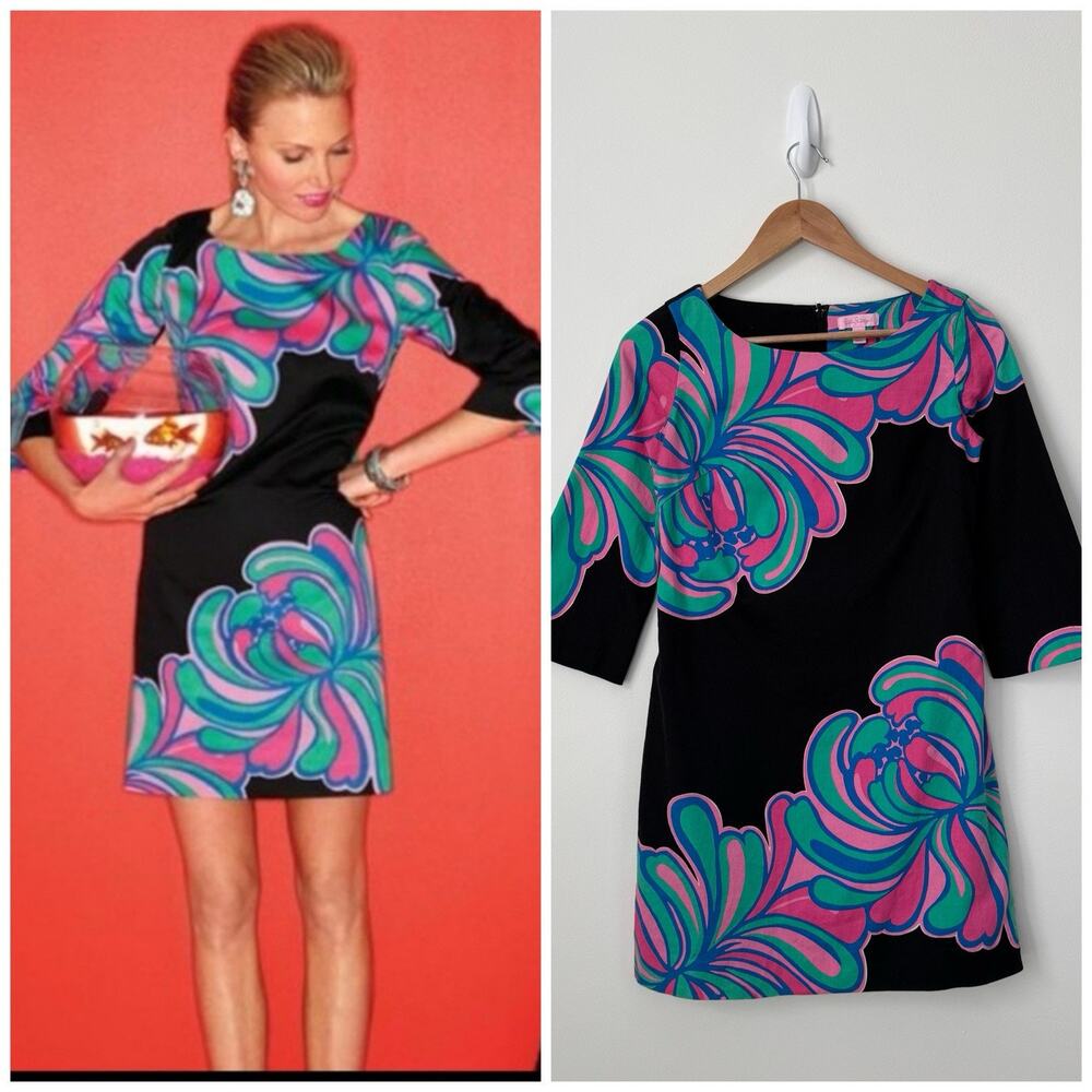 Lilly Pulitzer Shauna Floral Tunic Dress Size 0 Black Lined 3/4 Sleeve